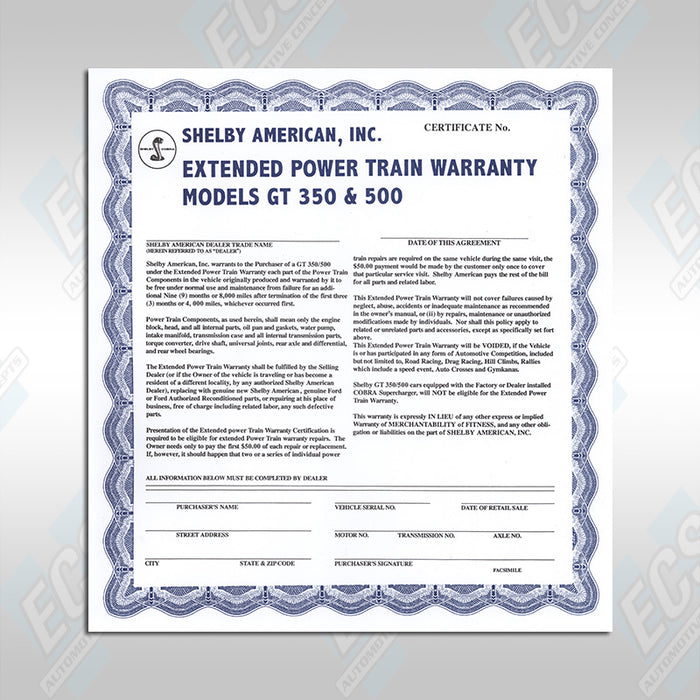 1969-70 Shelby Mustang Warranty Certificate