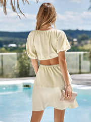SWEET SUMMER DAY PUFF SLEEVE OPEN WAIST MINI DRESS - APRICOT