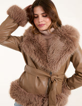 Hooded Zip Faux Fur Cropped PU Jacket