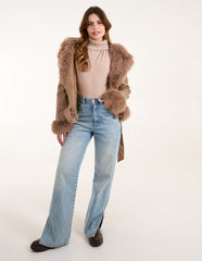 Hooded Zip Faux Fur Cropped PU Jacket