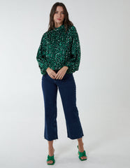 High Neck Leopard Print Satin Blouson Top