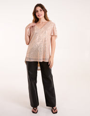 Angel Sleeve V Neck Sequin Top