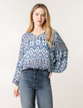 Abstract Printed V Neck Puffball Top