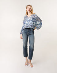 Abstract Printed V Neck Puffball Top