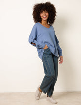 Loop Back Sweat Bow Sleeve Raw Edge V Neck Top