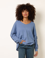 Loop Back Sweat Bow Sleeve Raw Edge V Neck Top