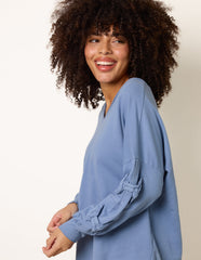 Loop Back Sweat Bow Sleeve Raw Edge V Neck Top