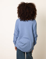 Loop Back Sweat Bow Sleeve Raw Edge V Neck Top