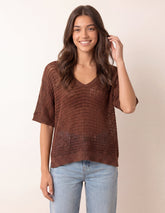 Metallic Crochet V Neck Top