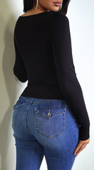 Rhylie Basic Boat Neck Long Sleeve Top - Black