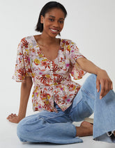 Button Front Batwing Peplum Top