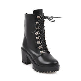 Black Chunky Platform Combat Booties Block Heel Ankle Boots