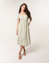 Border Print Puff Sleeve Midi Dress