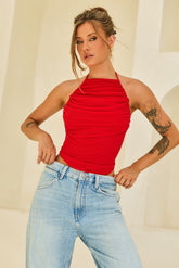 Contour Drape Ribbed Mesh Halter Top - Red