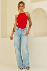Contour Drape Ribbed Mesh Halter Top - Red