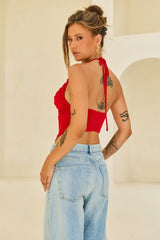 Contour Drape Ribbed Mesh Halter Top - Red