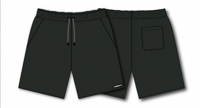 Illustration of dark green Mens Standard Performance Shorts | 5.5- Stealth by Born United Private Label, featuring an elastic waistband, drawstring, front side pockets, a back pocket, and a small logo tag on breathable stretch material; two pairs shown from the front and back.