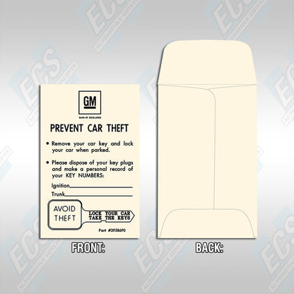 1964-75 GM: Key Envelope (Multiple Options!)
