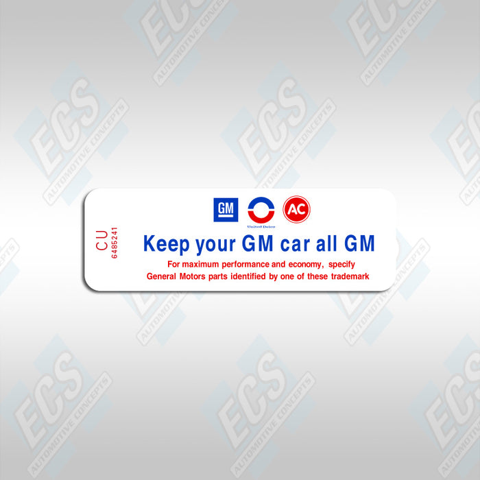 1967-70 GM: Air Cleaner Specification Decal (Multiple Codes Available!)
