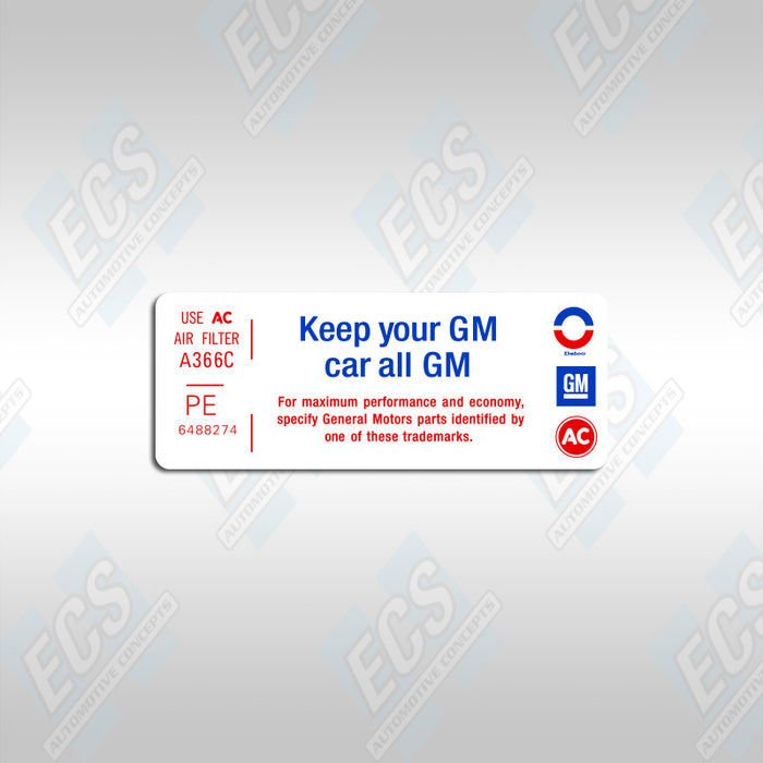 1967-70 GM: Air Cleaner Specification Decal (Multiple Codes Available!)