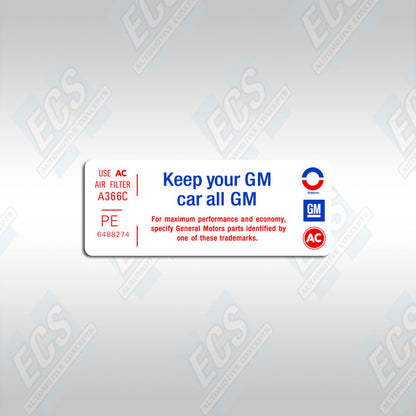 1967-70 GM: Air Cleaner Specification Decal (Multiple Codes Available!)