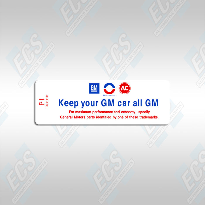 1967-70 GM: Air Cleaner Specification Decal (Multiple Codes Available!)