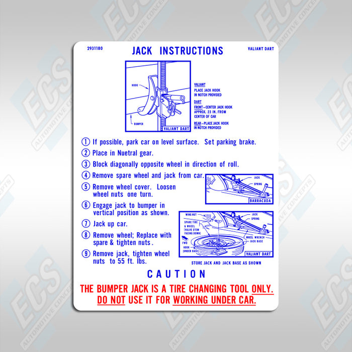 1967-74 Mopar: Jacking Instruction Decal (Multiple Options!)