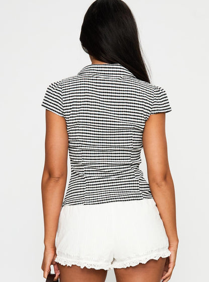 Delighted Cap Sleeve Button Up Top Black / White
