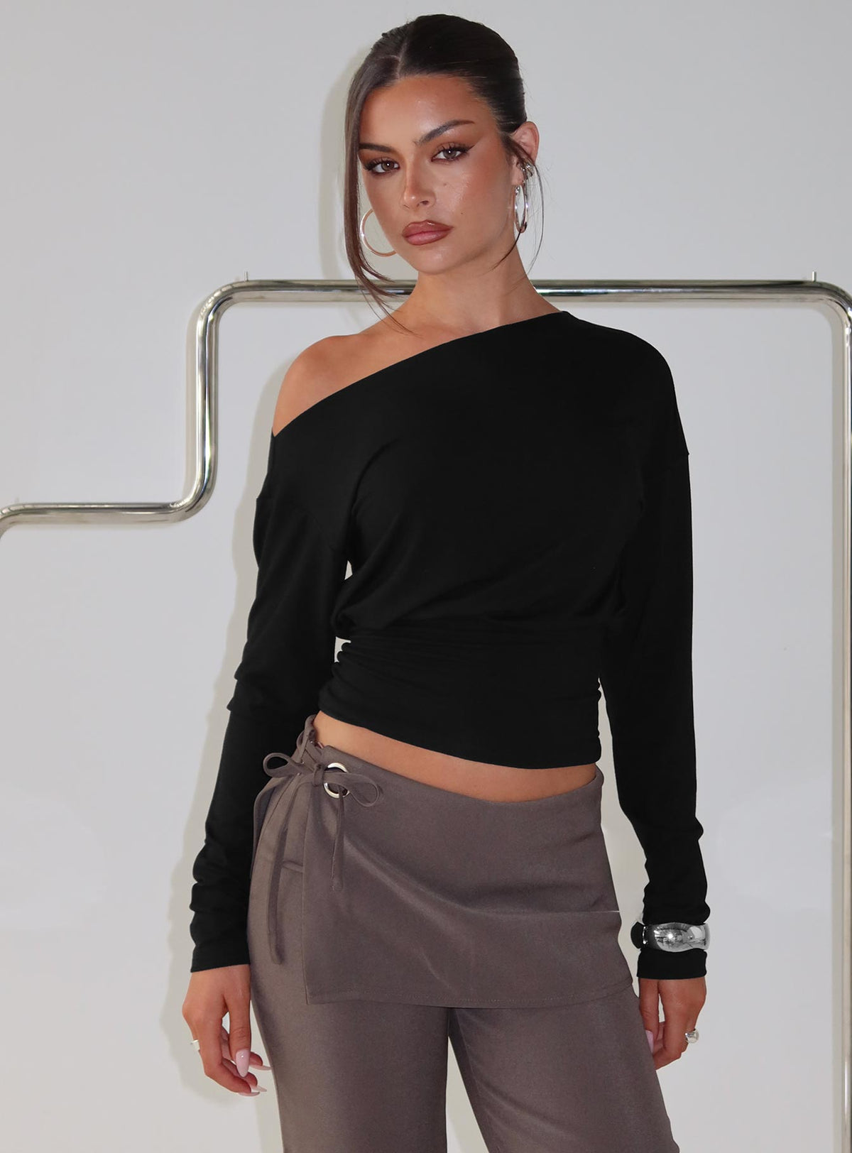 Ashlinn Off Shoulder Long Sleeve Drapey Top Black
