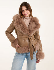 Hooded Zip Faux Fur Cropped PU Jacket