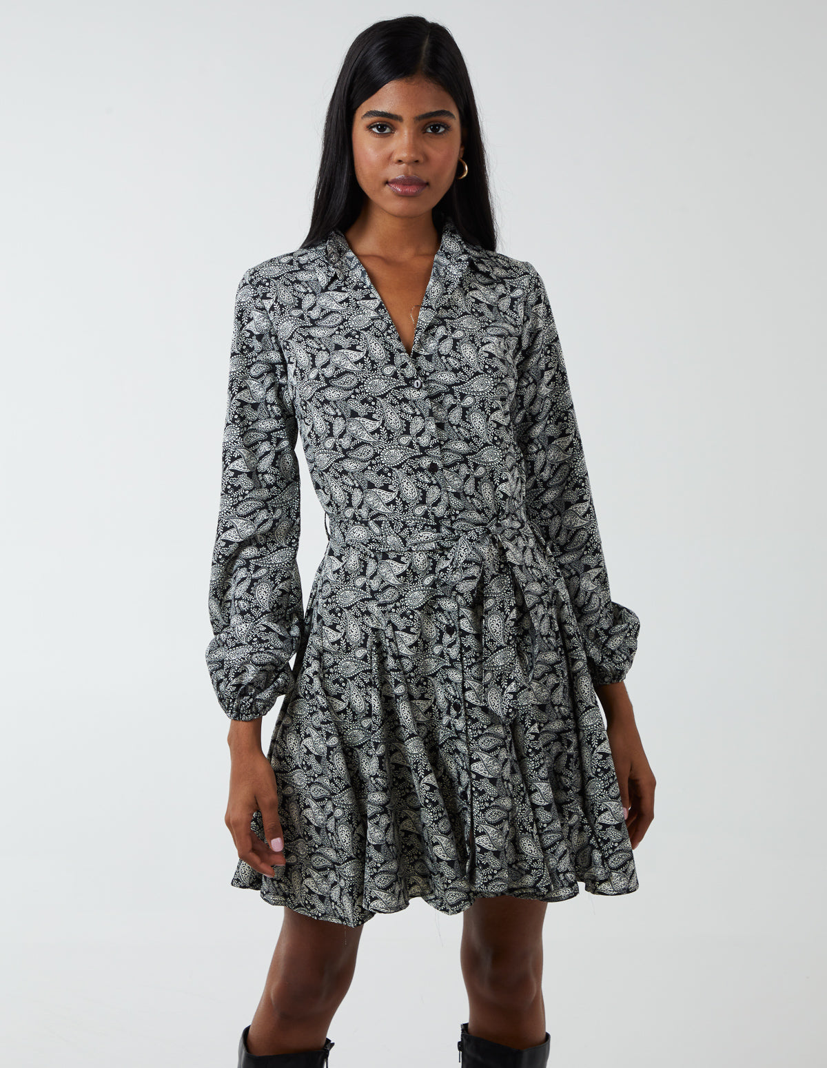 Paisley Shirt Mini Dress With Godet Hem & Tie