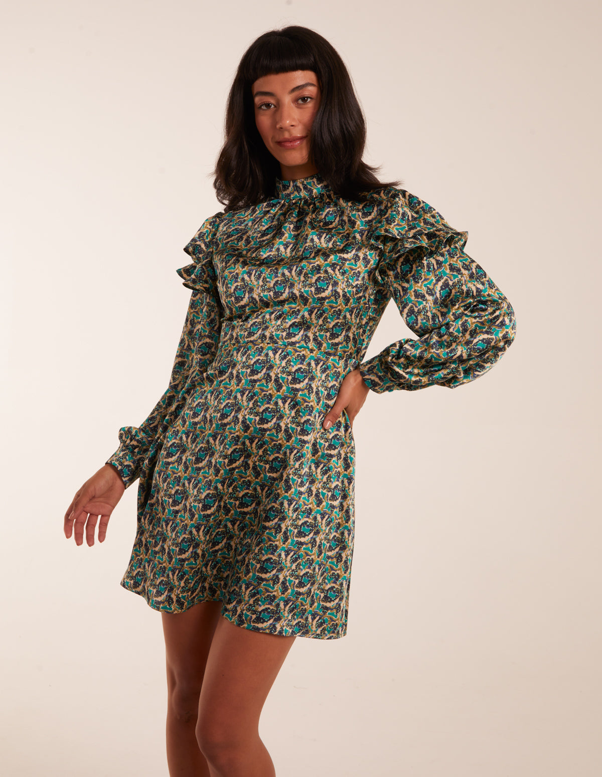 Ruffle Sleeve High Neck Swing Dress