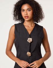 Tailored Flower Button Front Sleeveless Vest