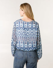 Abstract Printed V Neck Puffball Top