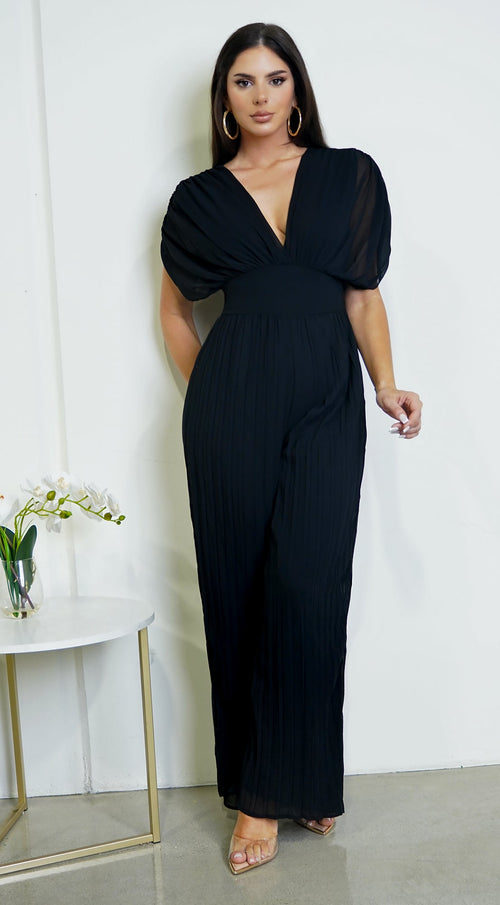 Selene V Neck Pleated Jumpsuit - Black