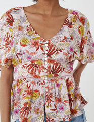 Button Front Batwing Peplum Top