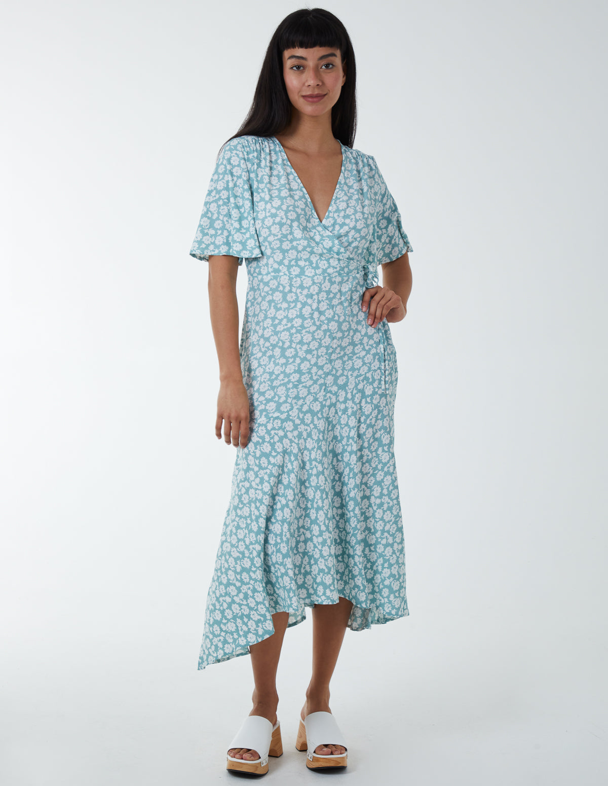 Angel Sleeves Wrap Midi Dress