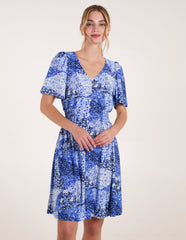 Shirred Waist Button Front Patchwork Mini Dress