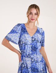 Shirred Waist Button Front Patchwork Mini Dress