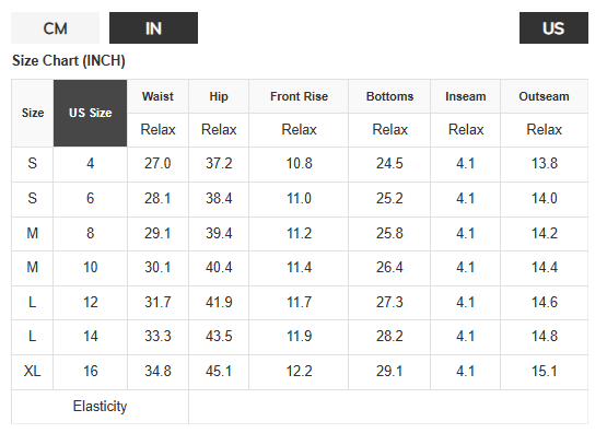 Size chart for pants with US size labels and corresponding measurements.
