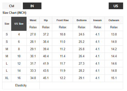 Size chart for pants with US size labels and corresponding measurements.