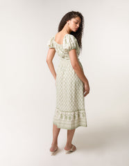 Border Print Puff Sleeve Midi Dress