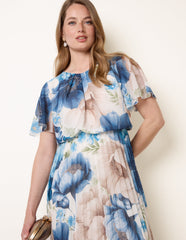 Pleated Scoop Neck Short Sleeve Floral Dress