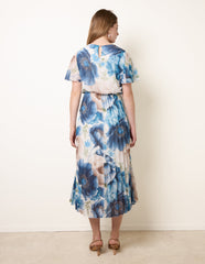 Pleated Scoop Neck Short Sleeve Floral Dress