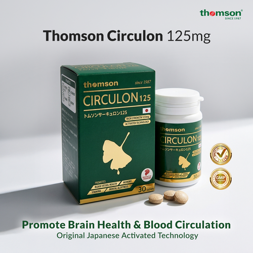 Thomson Circulon 125mg supplement packaging shown on a light gray background, including a dark green box, a white bottle with a green label, three round tablets, and two gold seal badges. Text at the top reads 'Thomson Circulon 125mg' and text at the bottom says 'Promote Brain Health & Blood Circulation'. Quality tested and GMP logo.