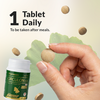 A hand holds a round beige tablet in front of a white and green Thomson Circulon 125 supplement bottle, with floating tablets and green leaf graphics on a light background. Text reads '1 Tablet Daily To be taken after meals.
