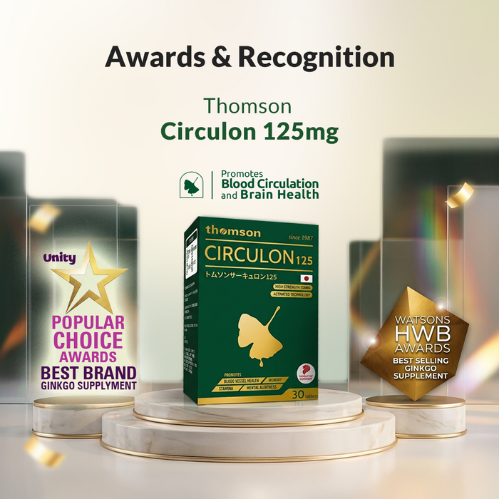A product display for Thomson Circulon 125mg ginkgo supplement, centered on a green and gold product box with award badges on both sides and text at the top reading 'Awards & Recognition' and 'Thomson Circulon 125mg'.