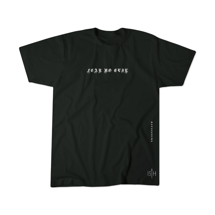 The 13th Fear Not Premium Tee features “FEAR NO EVIL” in bold white gothic font, vertical DELIVERER text, and a small BTH logo—faith-inspired by Isaiah 41:10 for spiritual empowerment.