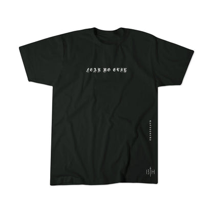 The 13th Fear Not Premium Tee features “FEAR NO EVIL” in bold white gothic font, vertical DELIVERER text, and a small BTH logo—faith-inspired by Isaiah 41:10 for spiritual empowerment.