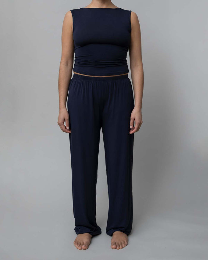 Front View of Recline Pant in Navy from KYE Intimates in Los Angeles.